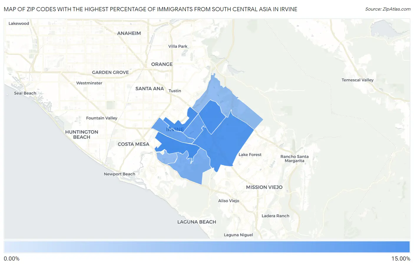 Zip Codes with the Highest Percentage of Immigrants from South Central Asia in Irvine Map