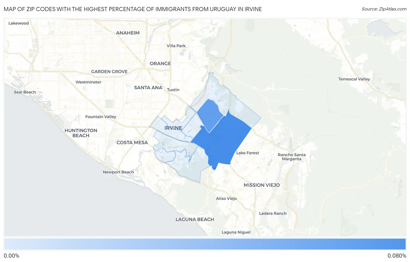 Zip Codes with the Highest Percentage of Immigrants from Uruguay in Irvine Map