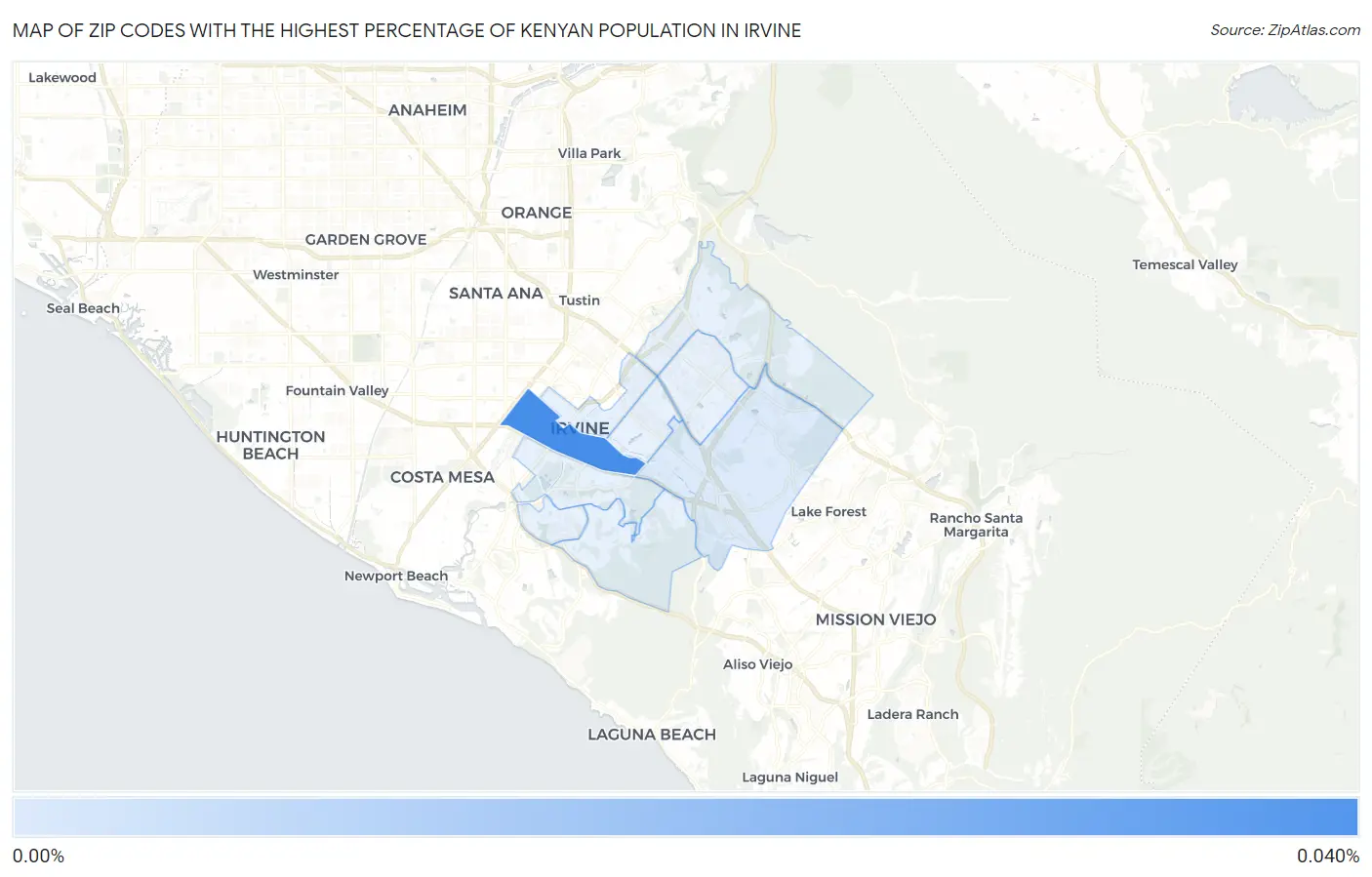 Zip Codes with the Highest Percentage of Kenyan Population in Irvine Map