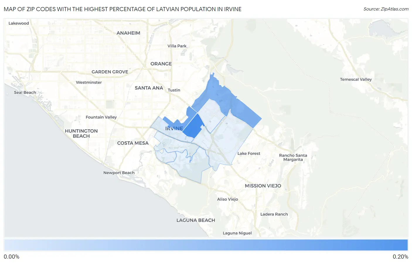 Zip Codes with the Highest Percentage of Latvian Population in Irvine Map