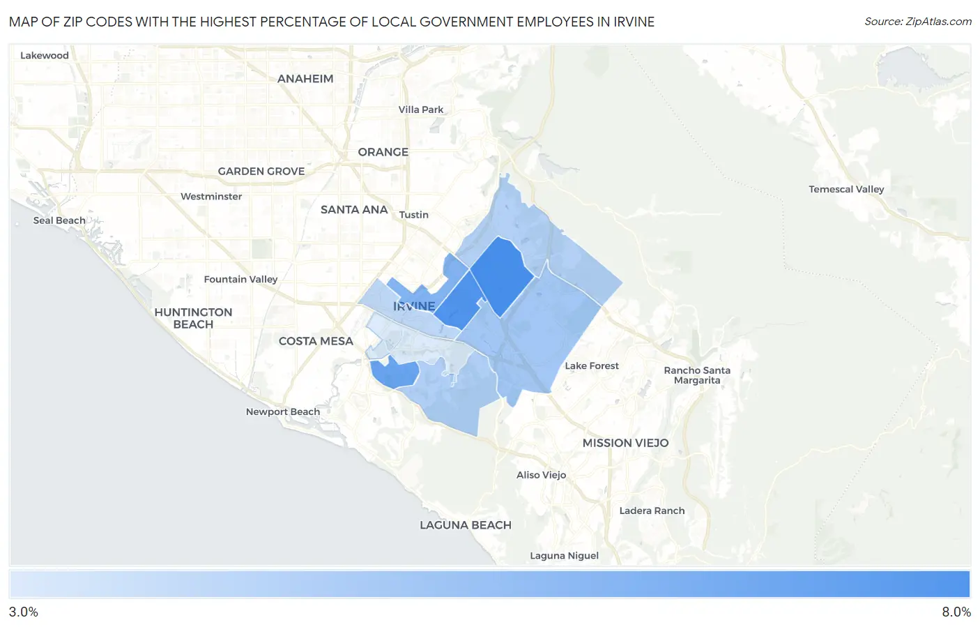 Zip Codes with the Highest Percentage of Local Government Employees in Irvine Map