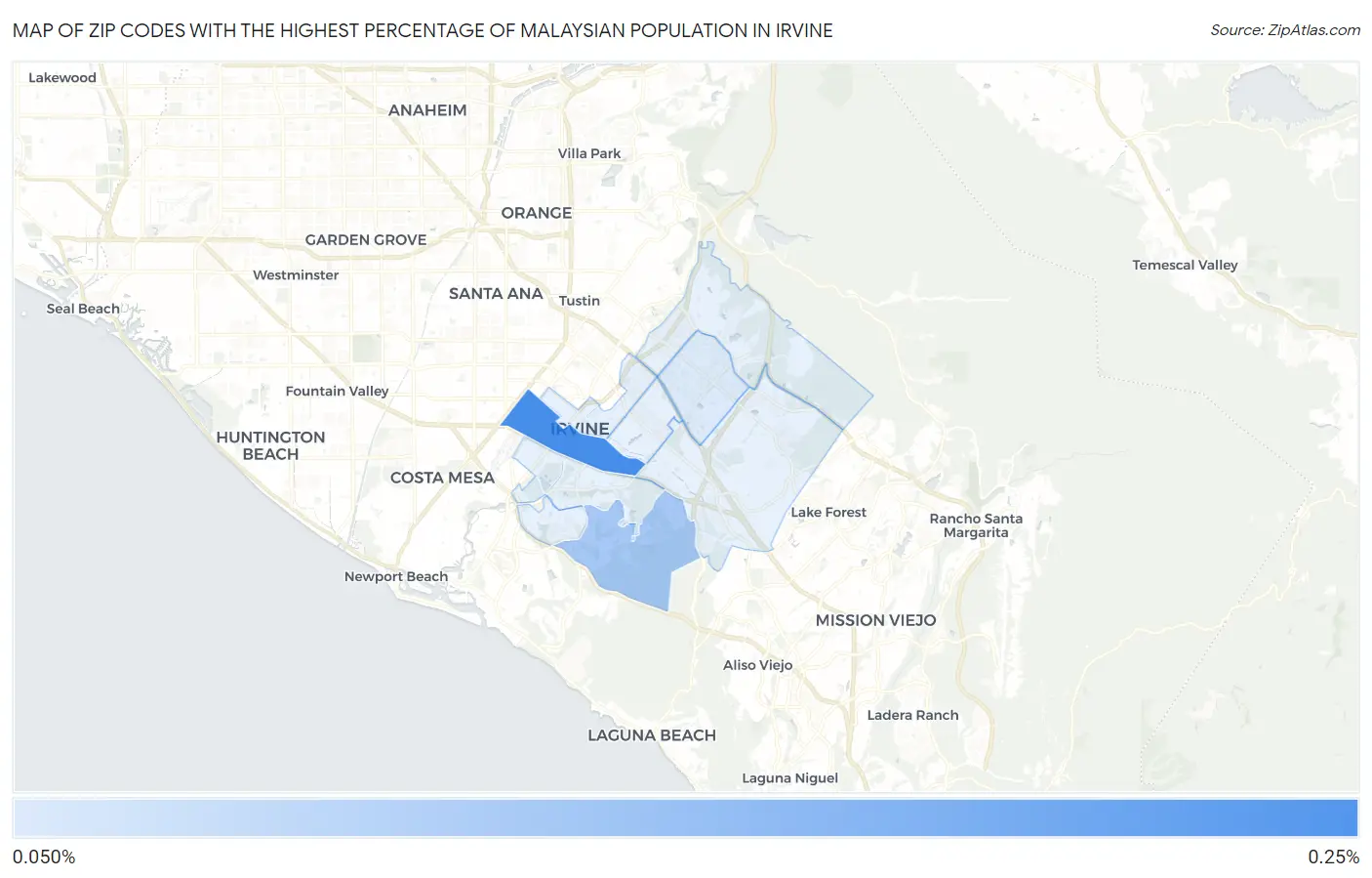 Zip Codes with the Highest Percentage of Malaysian Population in Irvine Map