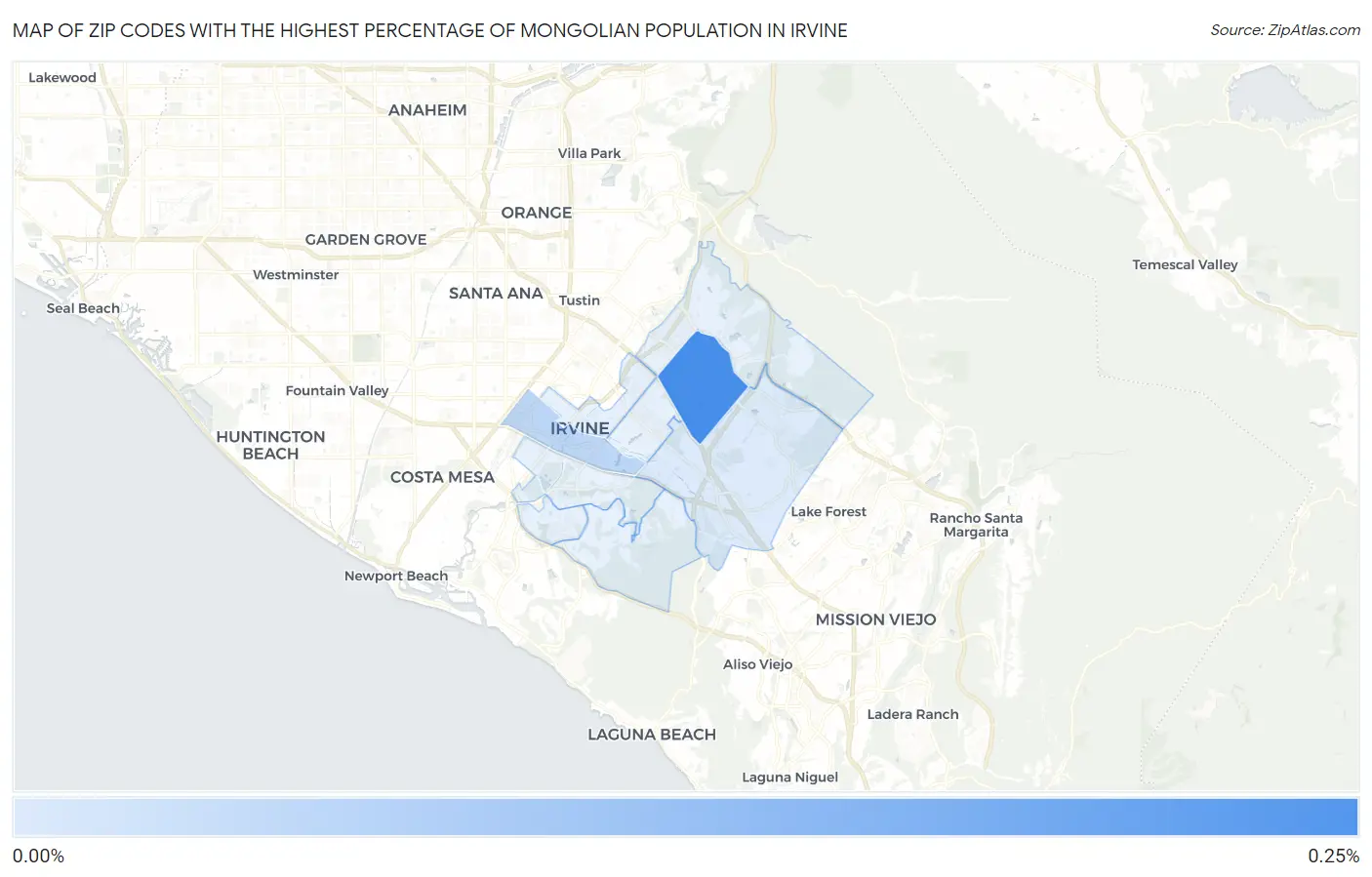 Zip Codes with the Highest Percentage of Mongolian Population in Irvine Map