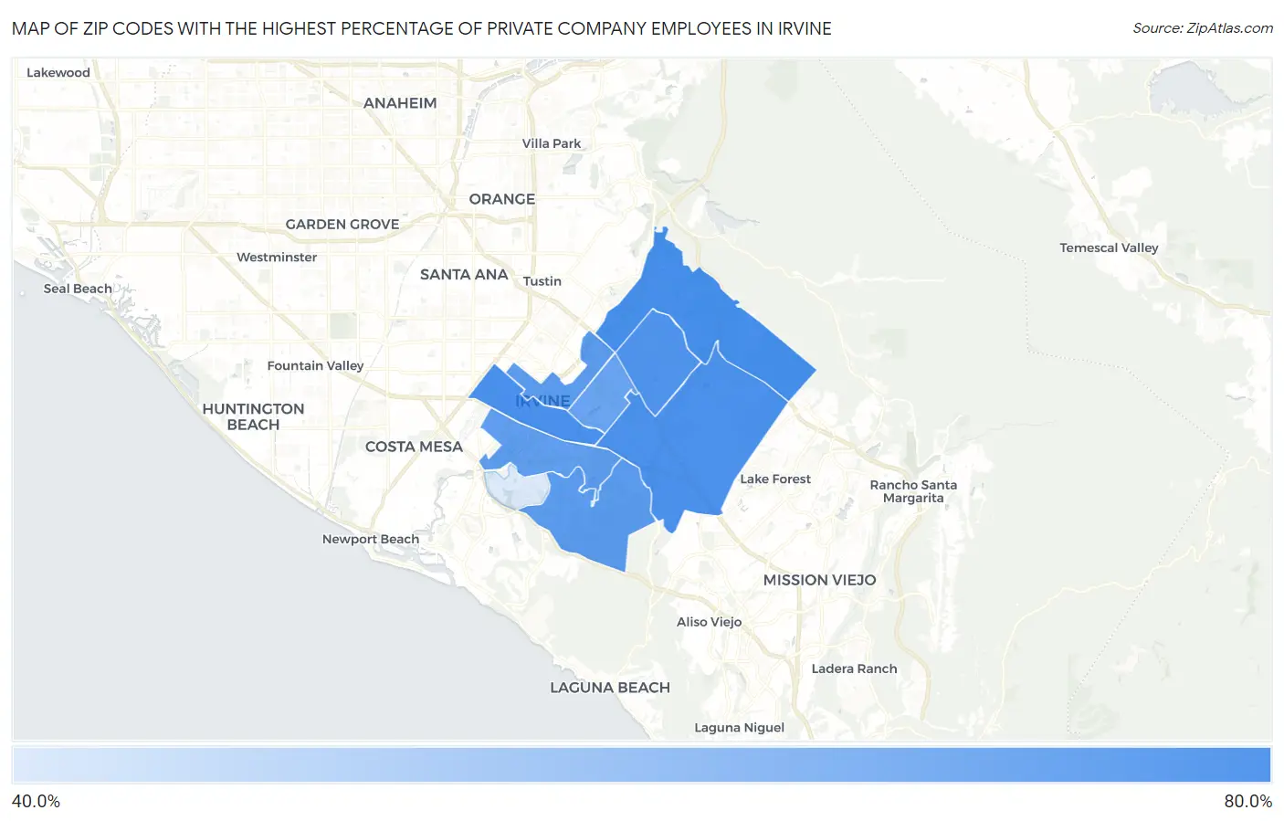Zip Codes with the Highest Percentage of Private Company Employees in Irvine Map