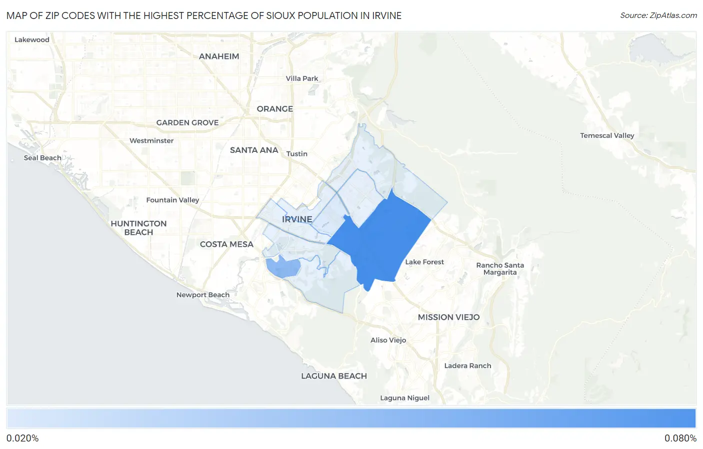 Zip Codes with the Highest Percentage of Sioux Population in Irvine Map