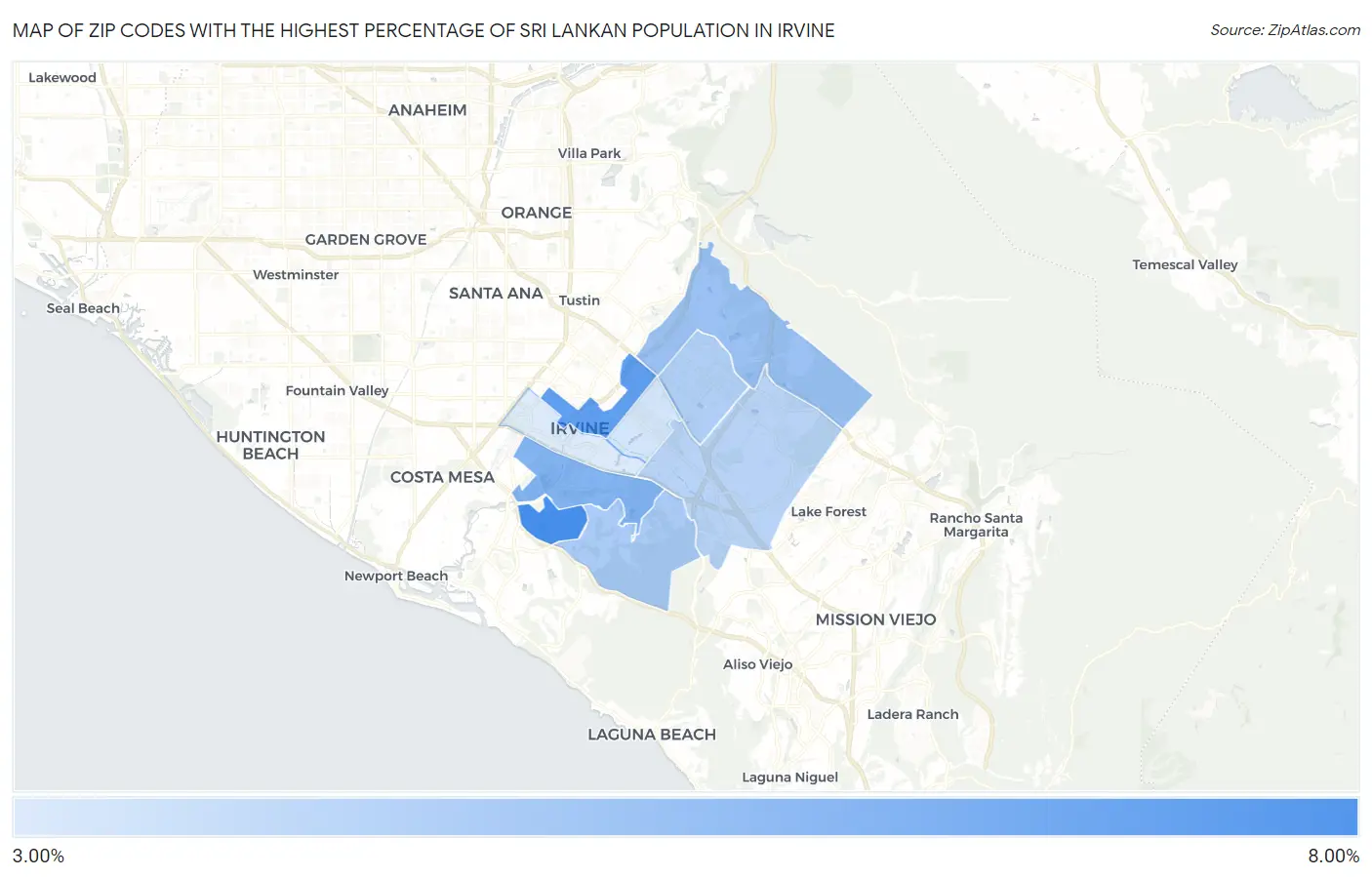 Zip Codes with the Highest Percentage of Sri Lankan Population in Irvine Map