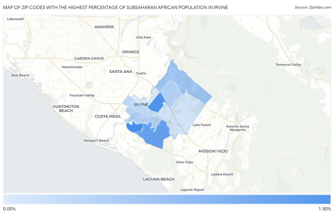 Zip Codes with the Highest Percentage of Subsaharan African Population in Irvine Map