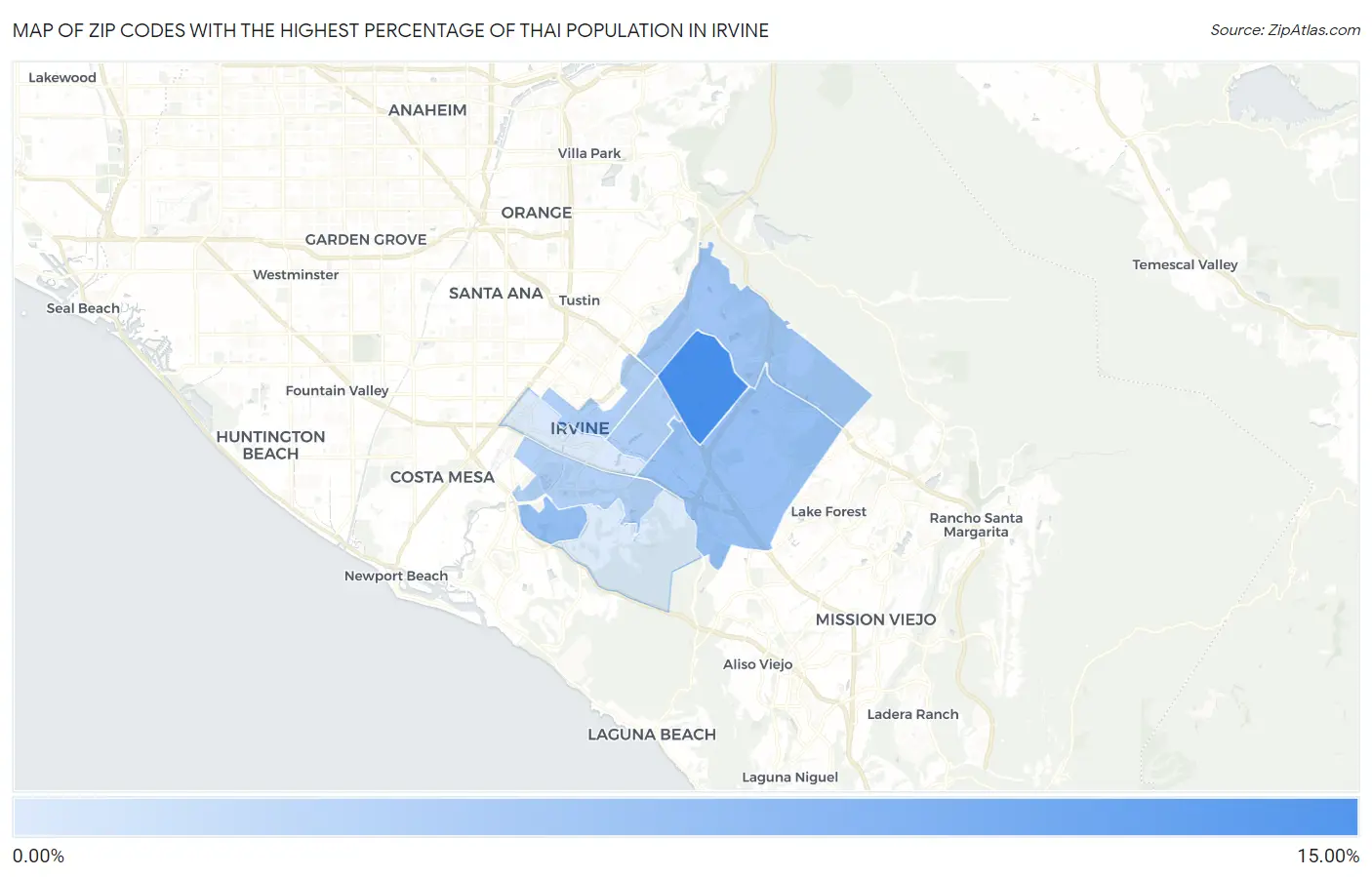 Zip Codes with the Highest Percentage of Thai Population in Irvine Map