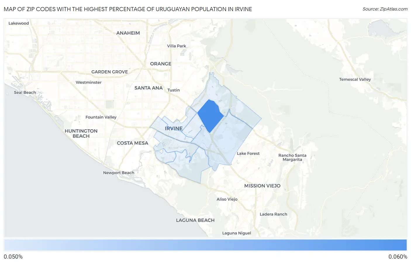 Zip Codes with the Highest Percentage of Uruguayan Population in Irvine Map