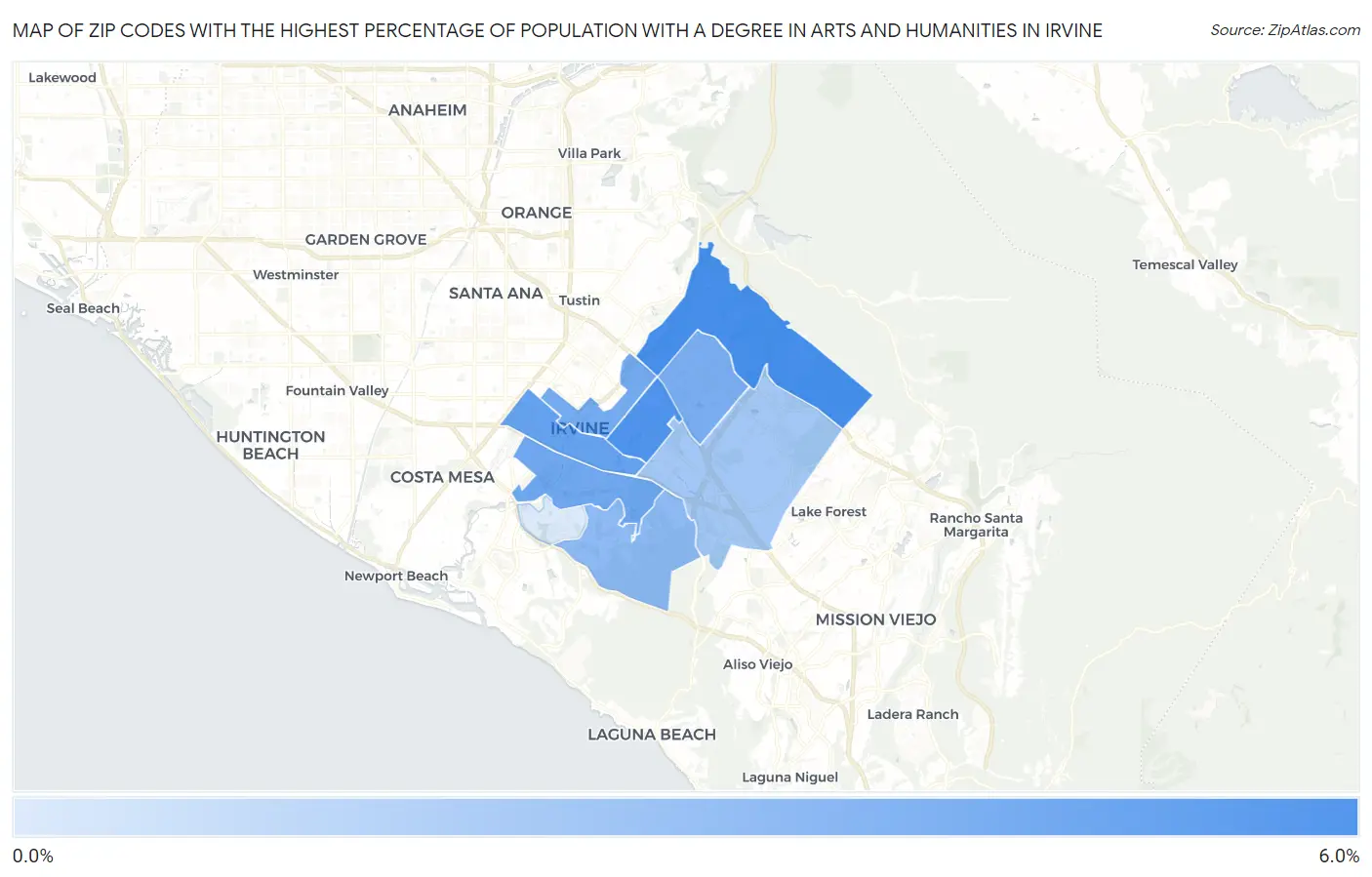Zip Codes with the Highest Percentage of Population with a Degree in Arts and Humanities in Irvine Map