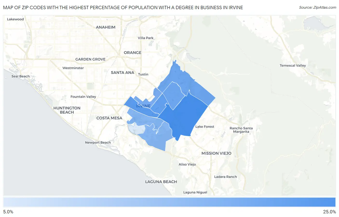 Zip Codes with the Highest Percentage of Population with a Degree in Business in Irvine Map