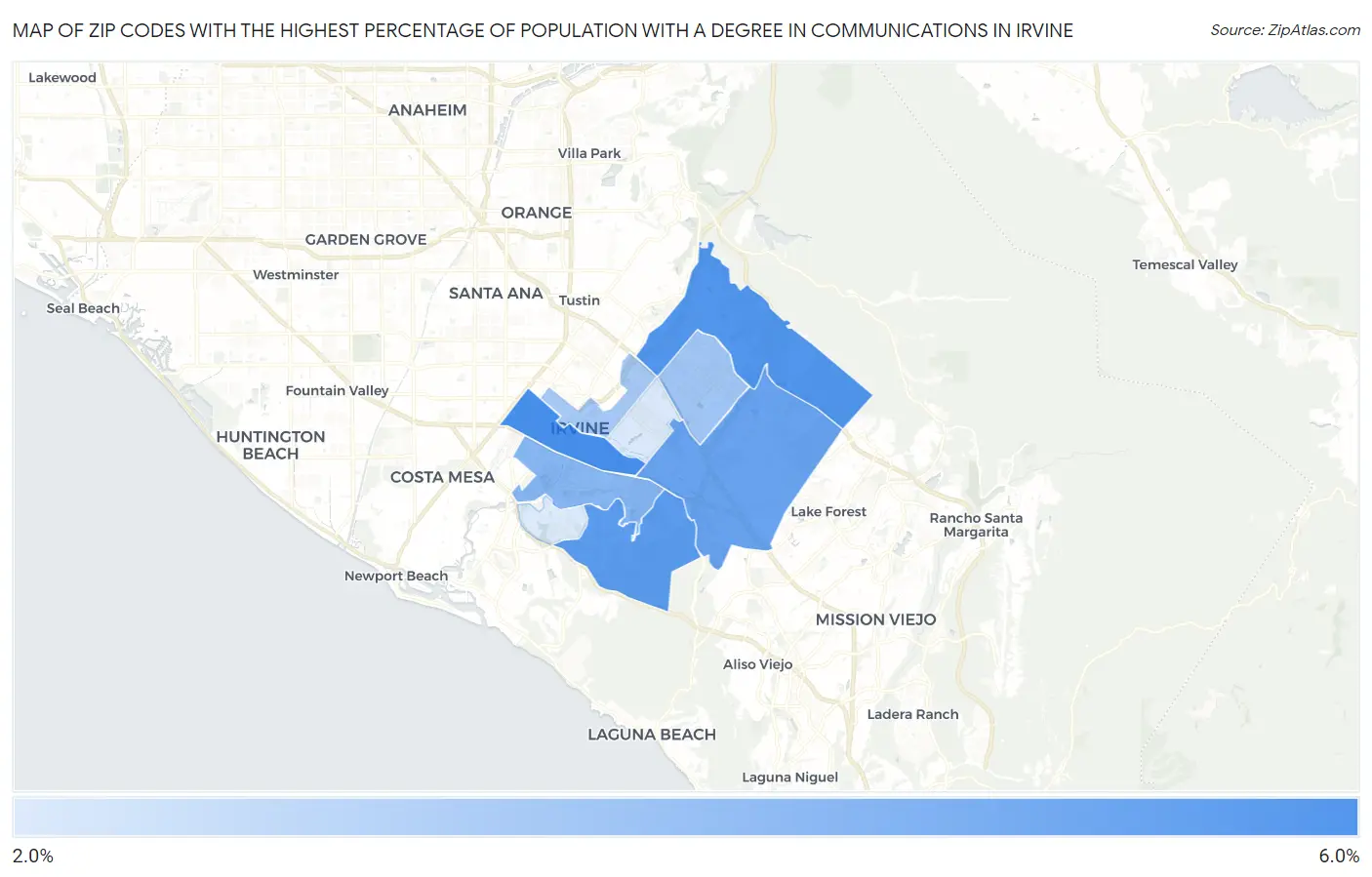 Zip Codes with the Highest Percentage of Population with a Degree in Communications in Irvine Map