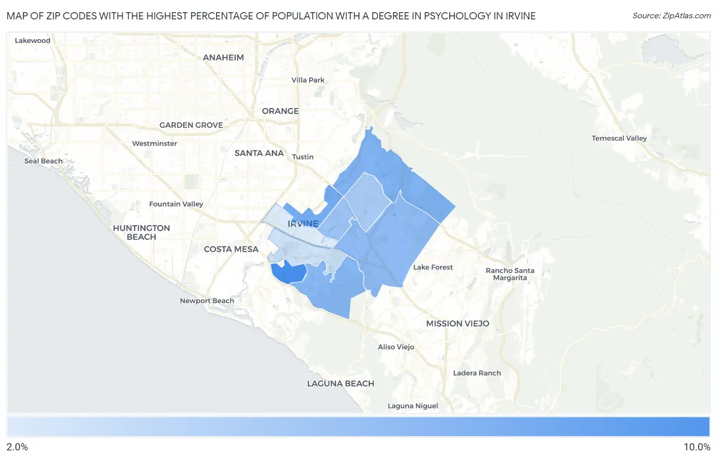 Zip Codes with the Highest Percentage of Population with a Degree in Psychology in Irvine Map