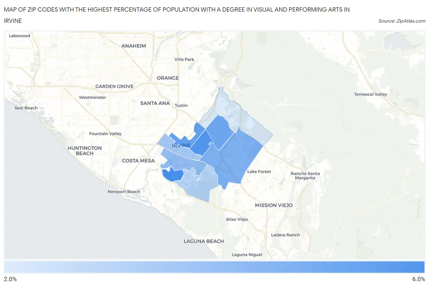 Zip Codes with the Highest Percentage of Population with a Degree in Visual and Performing Arts in Irvine Map