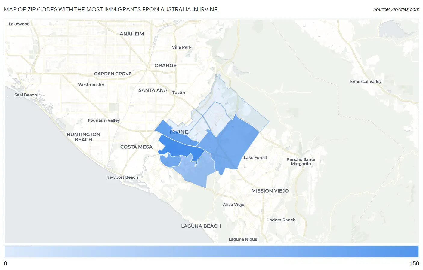 Zip Codes with the Most Immigrants from Australia in Irvine Map