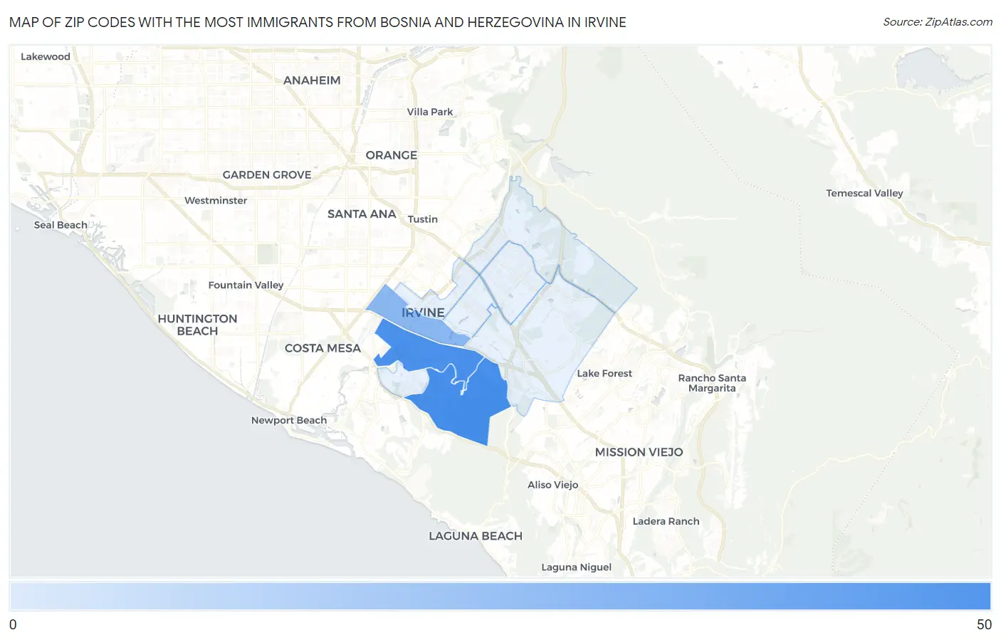Zip Codes with the Most Immigrants from Bosnia and Herzegovina in Irvine Map