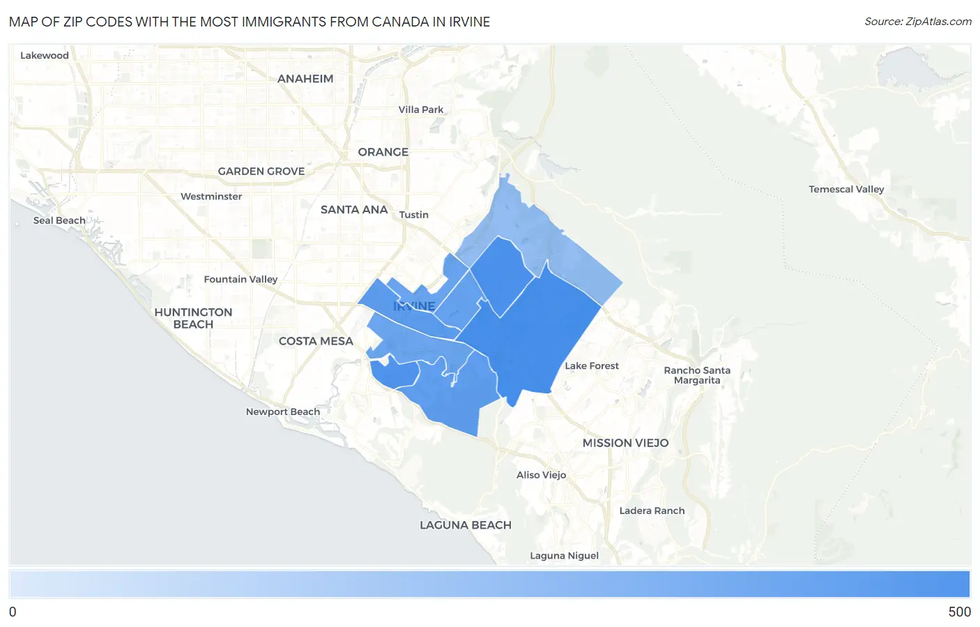 Zip Codes with the Most Immigrants from Canada in Irvine Map