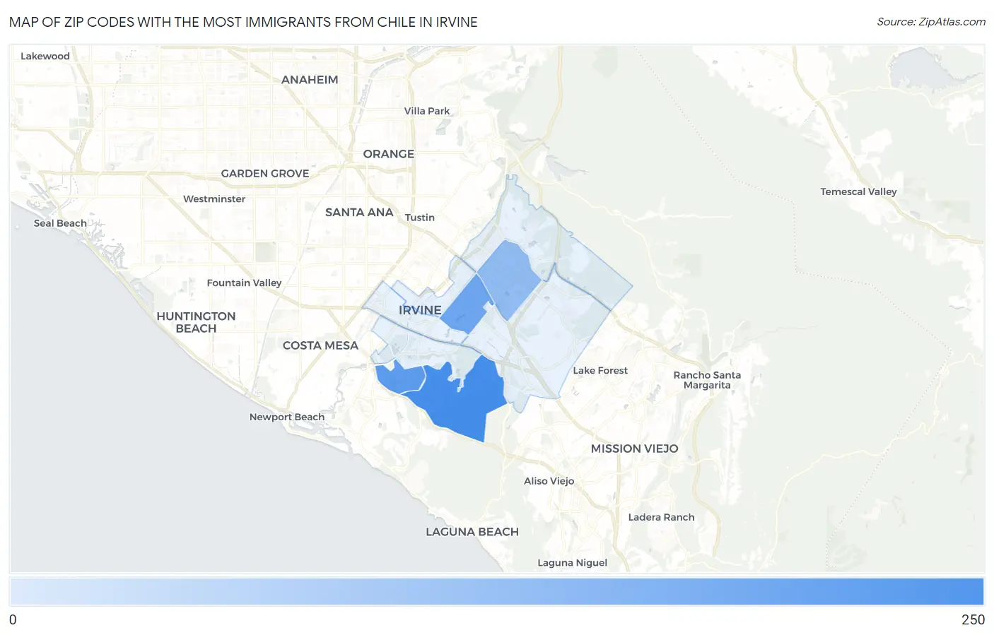 Zip Codes with the Most Immigrants from Chile in Irvine Map