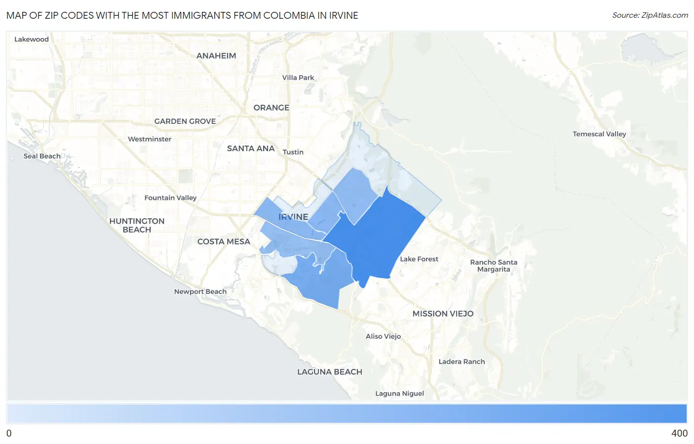 Zip Codes with the Most Immigrants from Colombia in Irvine Map