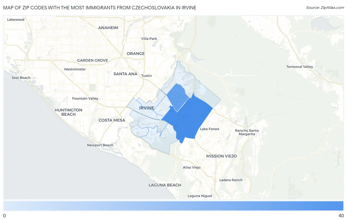 Zip Codes with the Most Immigrants from Czechoslovakia in Irvine Map