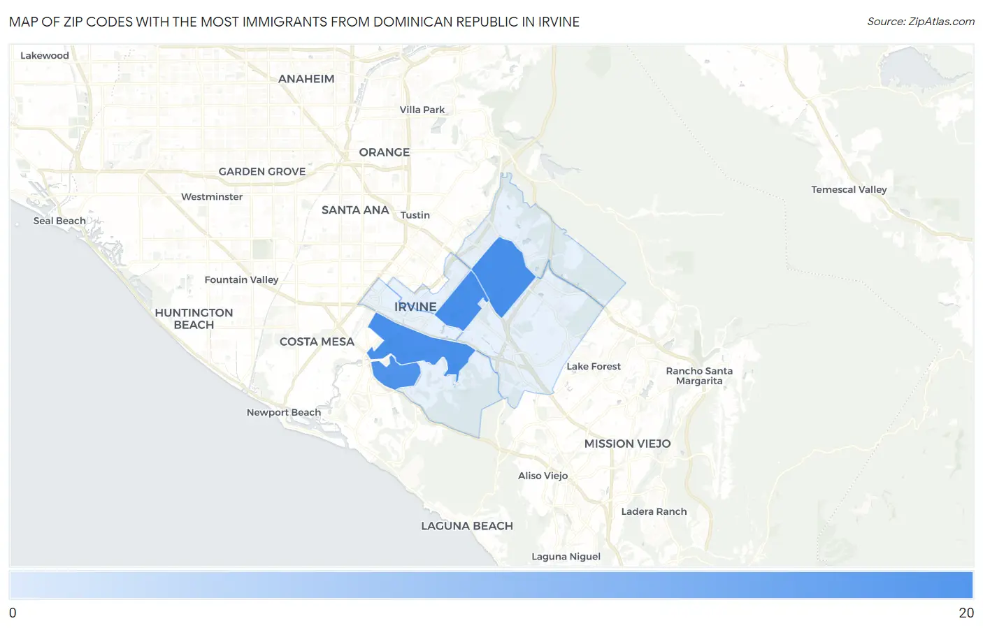 Zip Codes with the Most Immigrants from Dominican Republic in Irvine Map