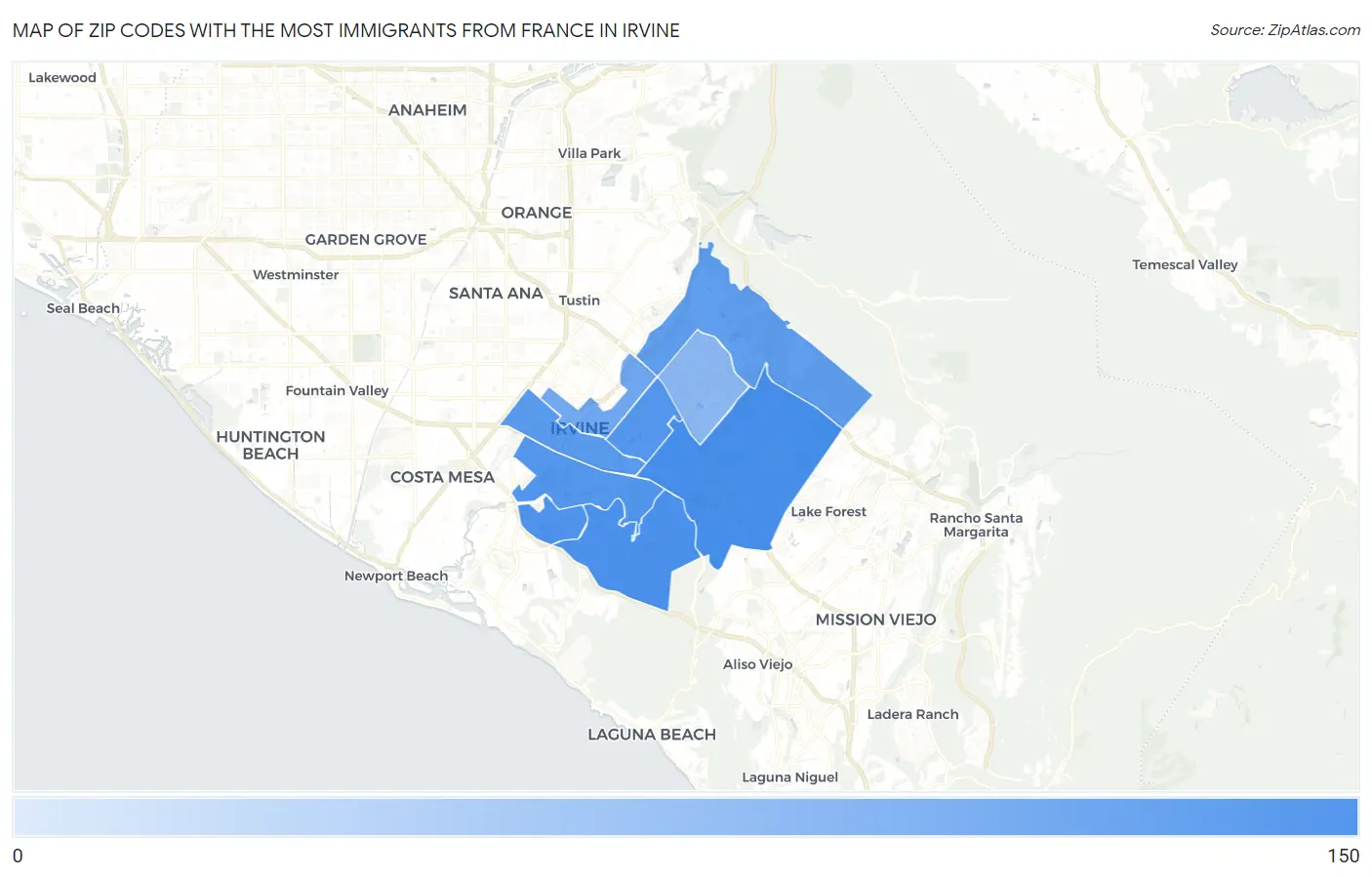 Zip Codes with the Most Immigrants from France in Irvine Map