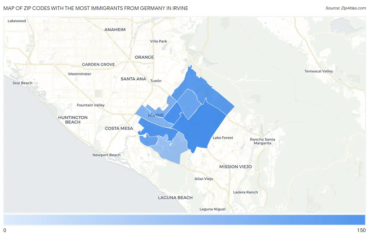 Zip Codes with the Most Immigrants from Germany in Irvine Map