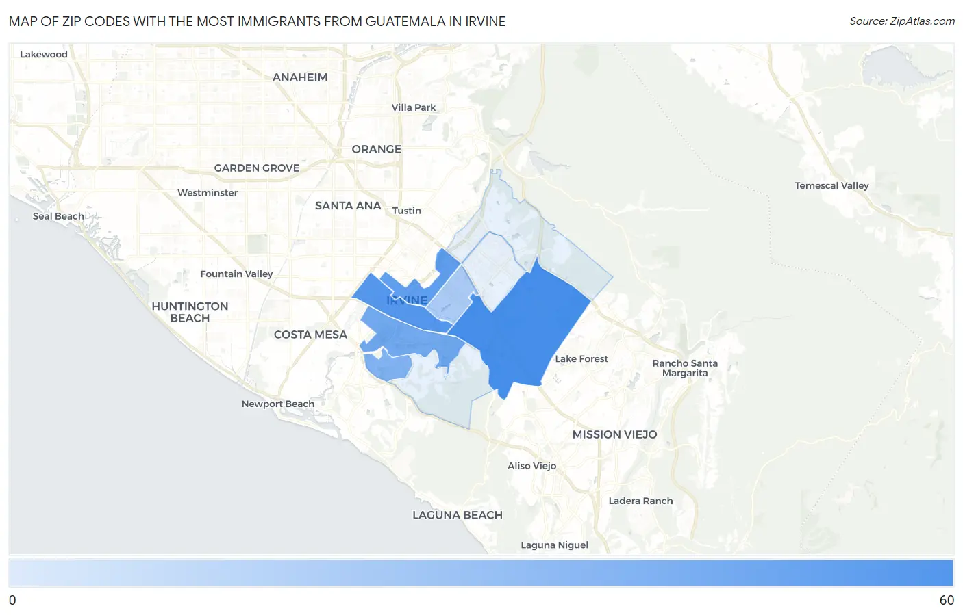 Zip Codes with the Most Immigrants from Guatemala in Irvine Map