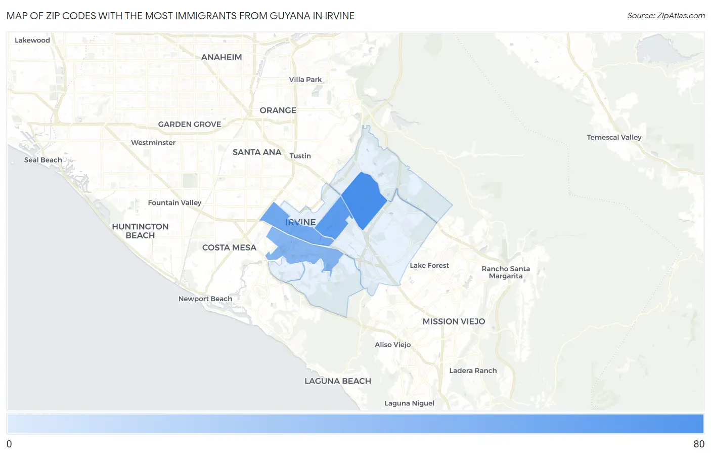 Zip Codes with the Most Immigrants from Guyana in Irvine Map