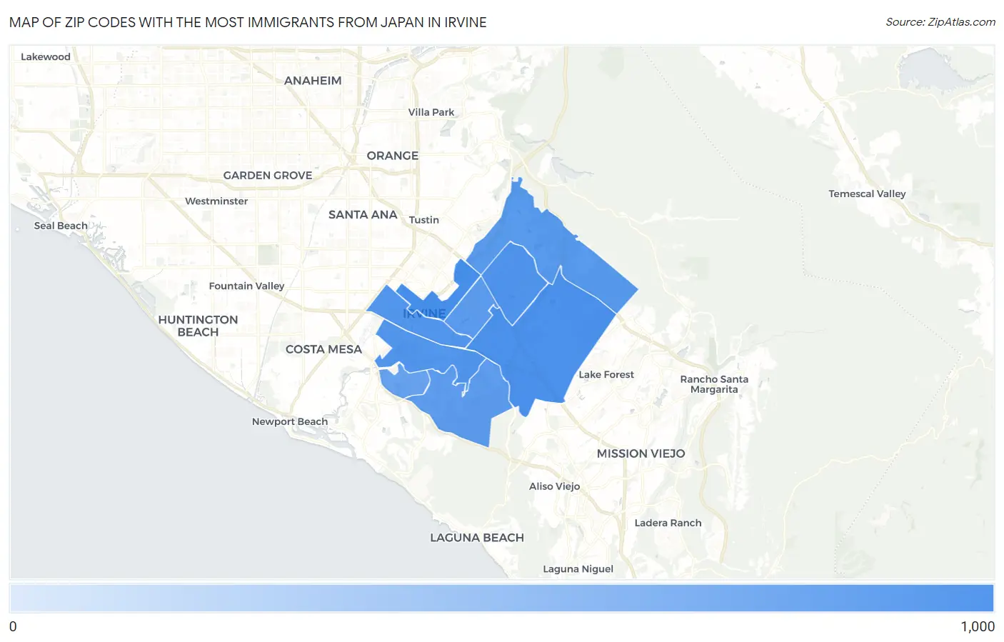 Zip Codes with the Most Immigrants from Japan in Irvine Map