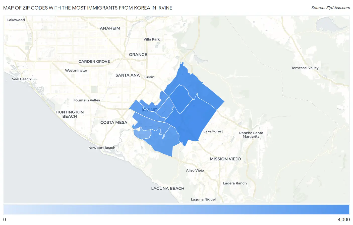 Zip Codes with the Most Immigrants from Korea in Irvine Map