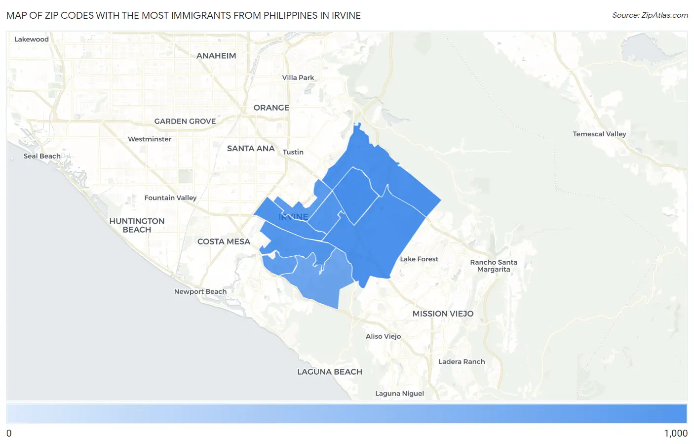 Zip Codes with the Most Immigrants from Philippines in Irvine Map