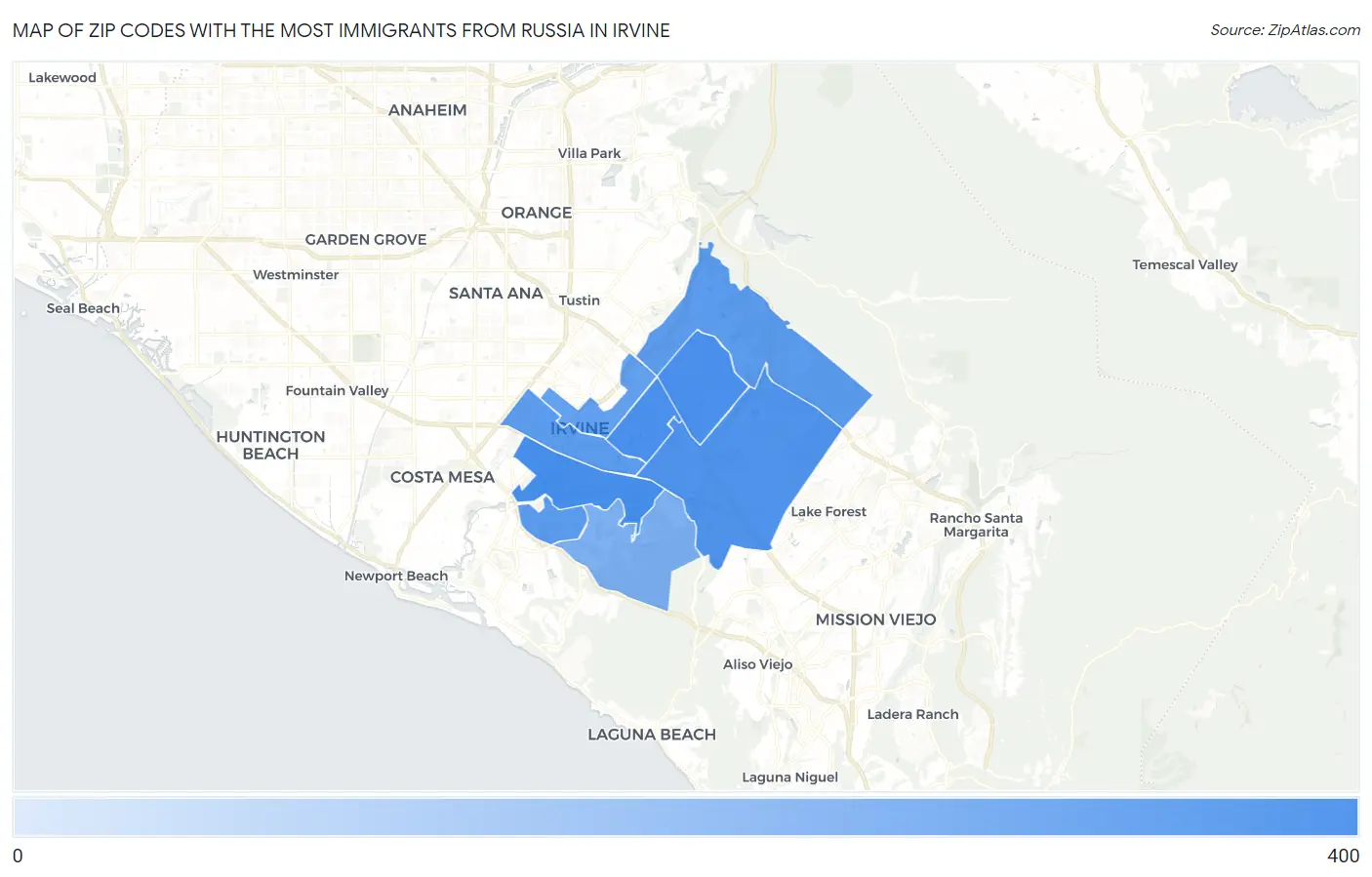 Zip Codes with the Most Immigrants from Russia in Irvine Map
