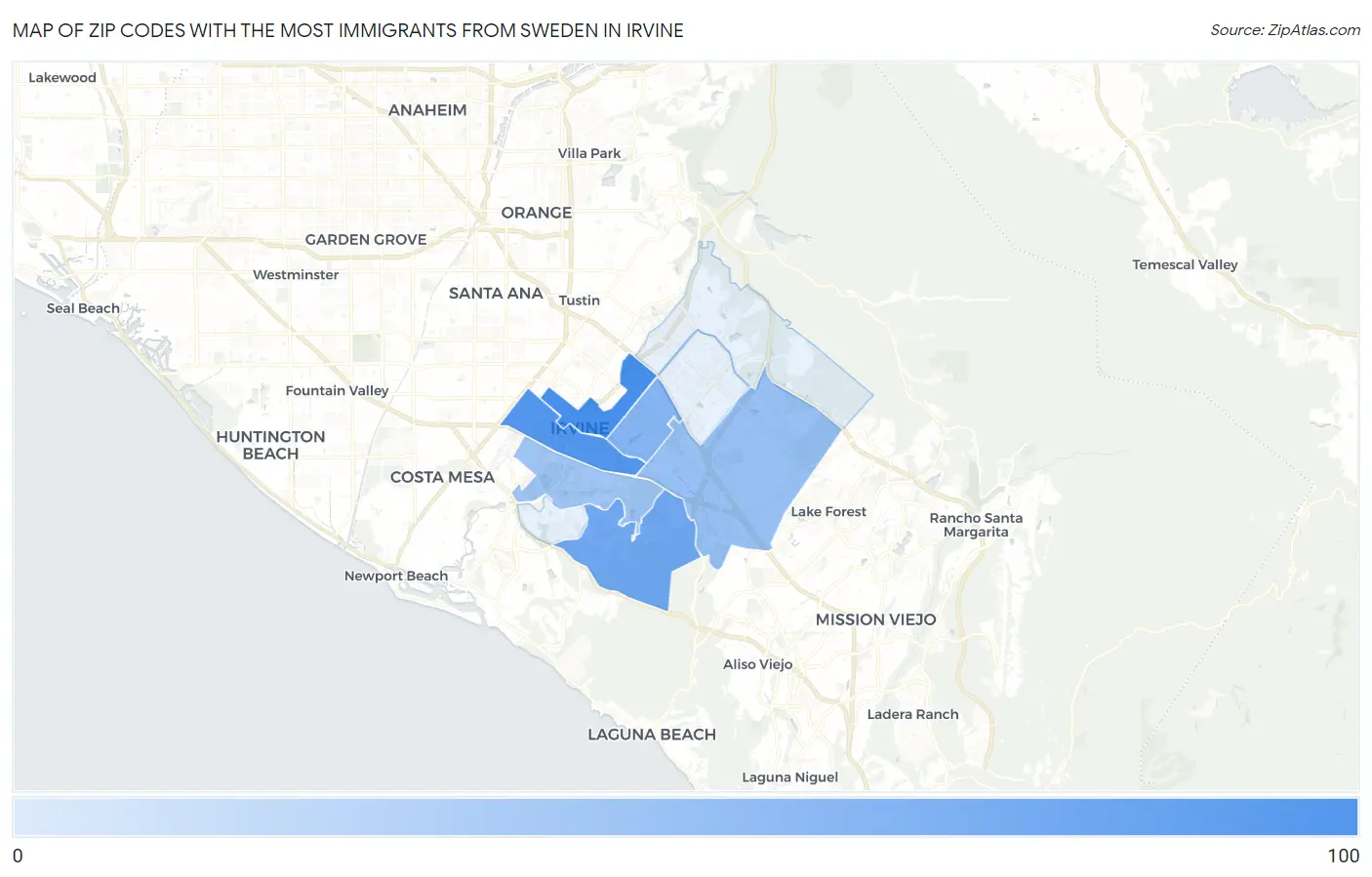 Zip Codes with the Most Immigrants from Sweden in Irvine Map