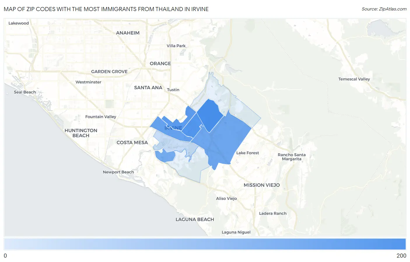 Zip Codes with the Most Immigrants from Thailand in Irvine Map