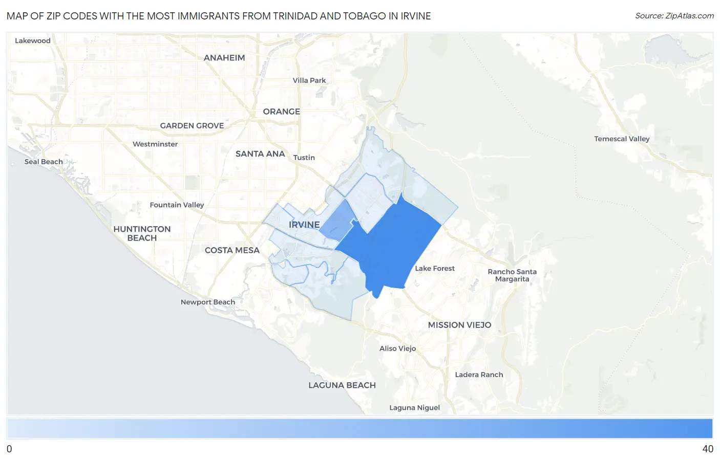 Zip Codes with the Most Immigrants from Trinidad and Tobago in Irvine Map