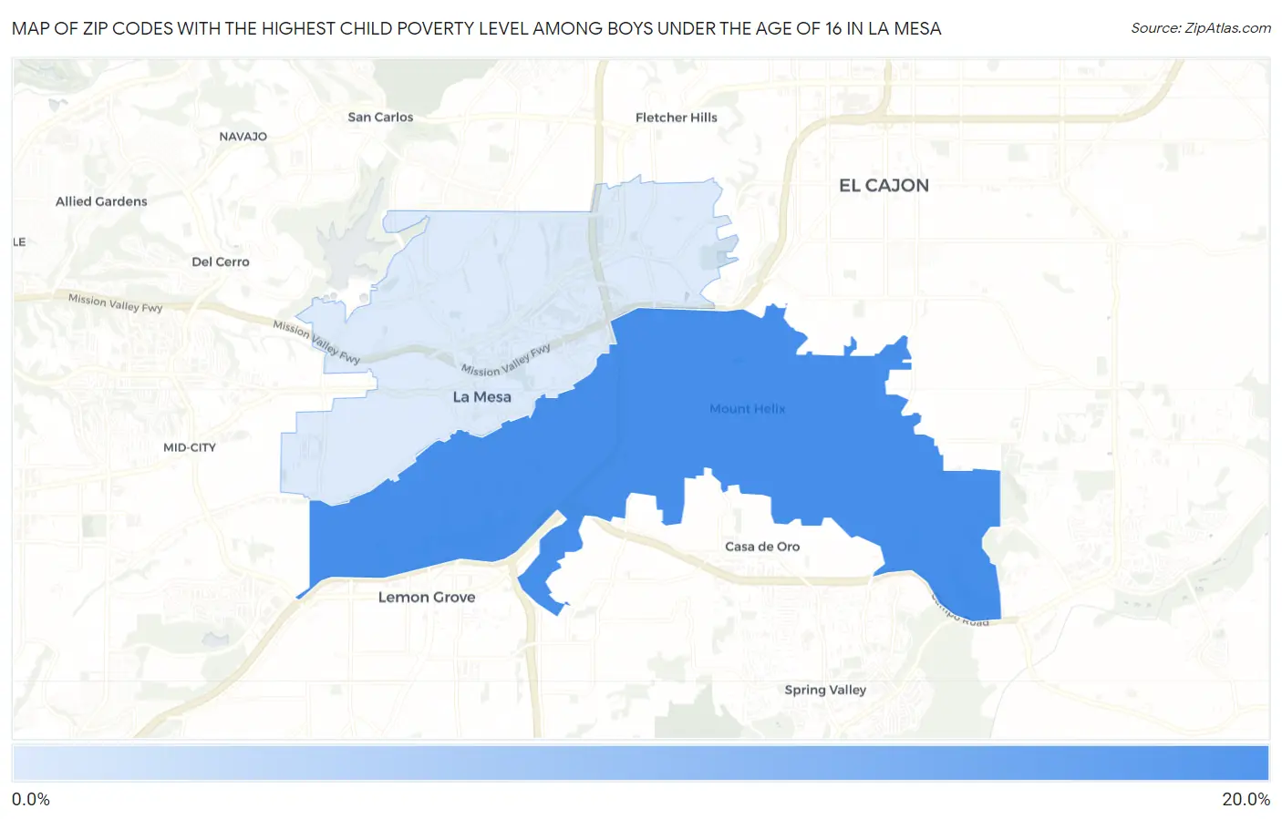 Zip Codes with the Highest Child Poverty Level Among Boys Under the Age of 16 in La Mesa Map