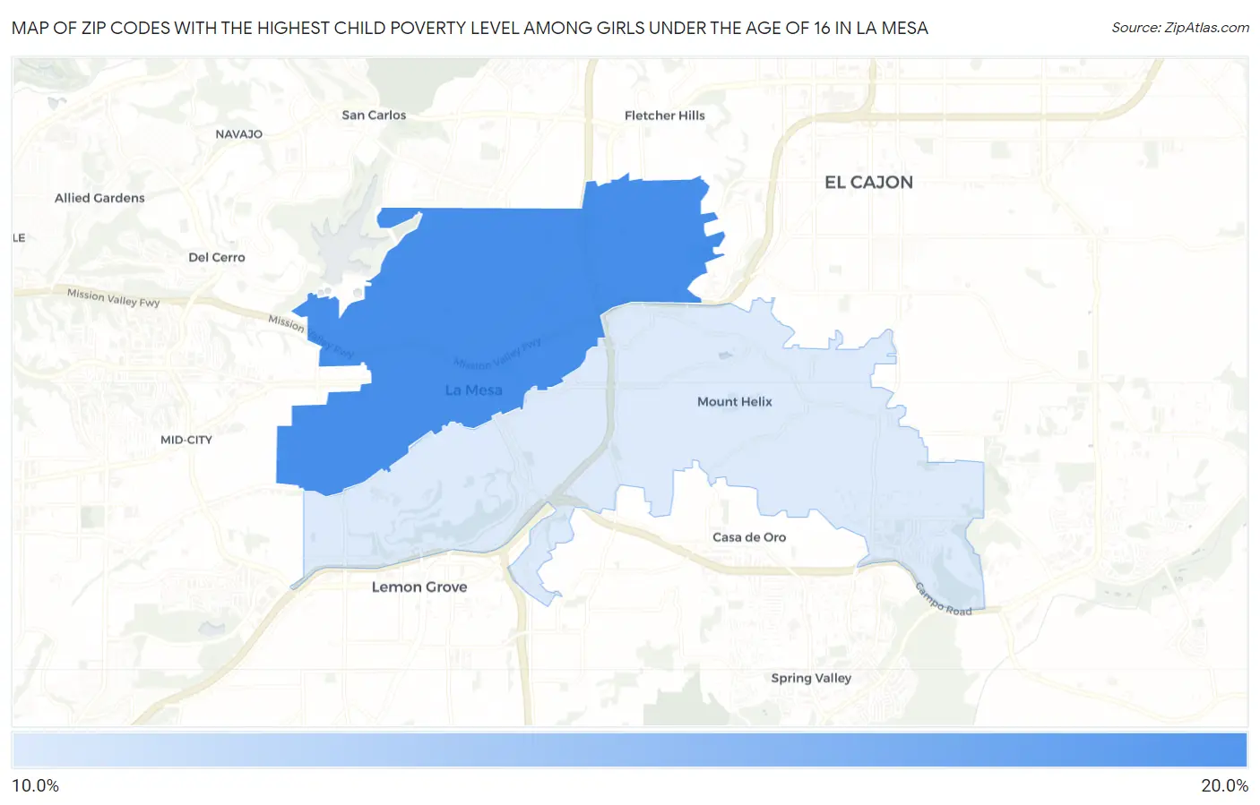 Zip Codes with the Highest Child Poverty Level Among Girls Under the Age of 16 in La Mesa Map