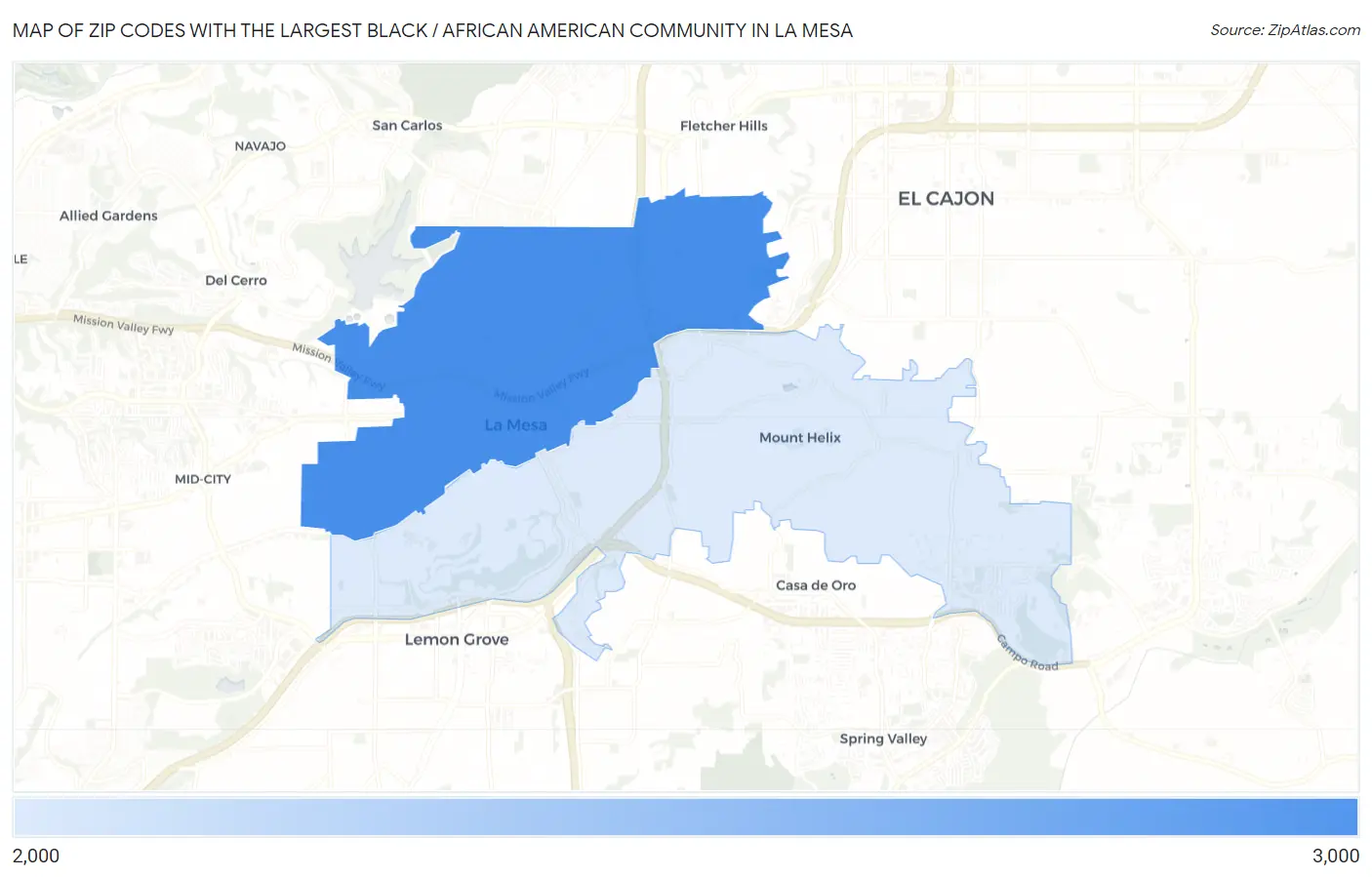 Zip Codes with the Largest Black / African American Community in La Mesa Map