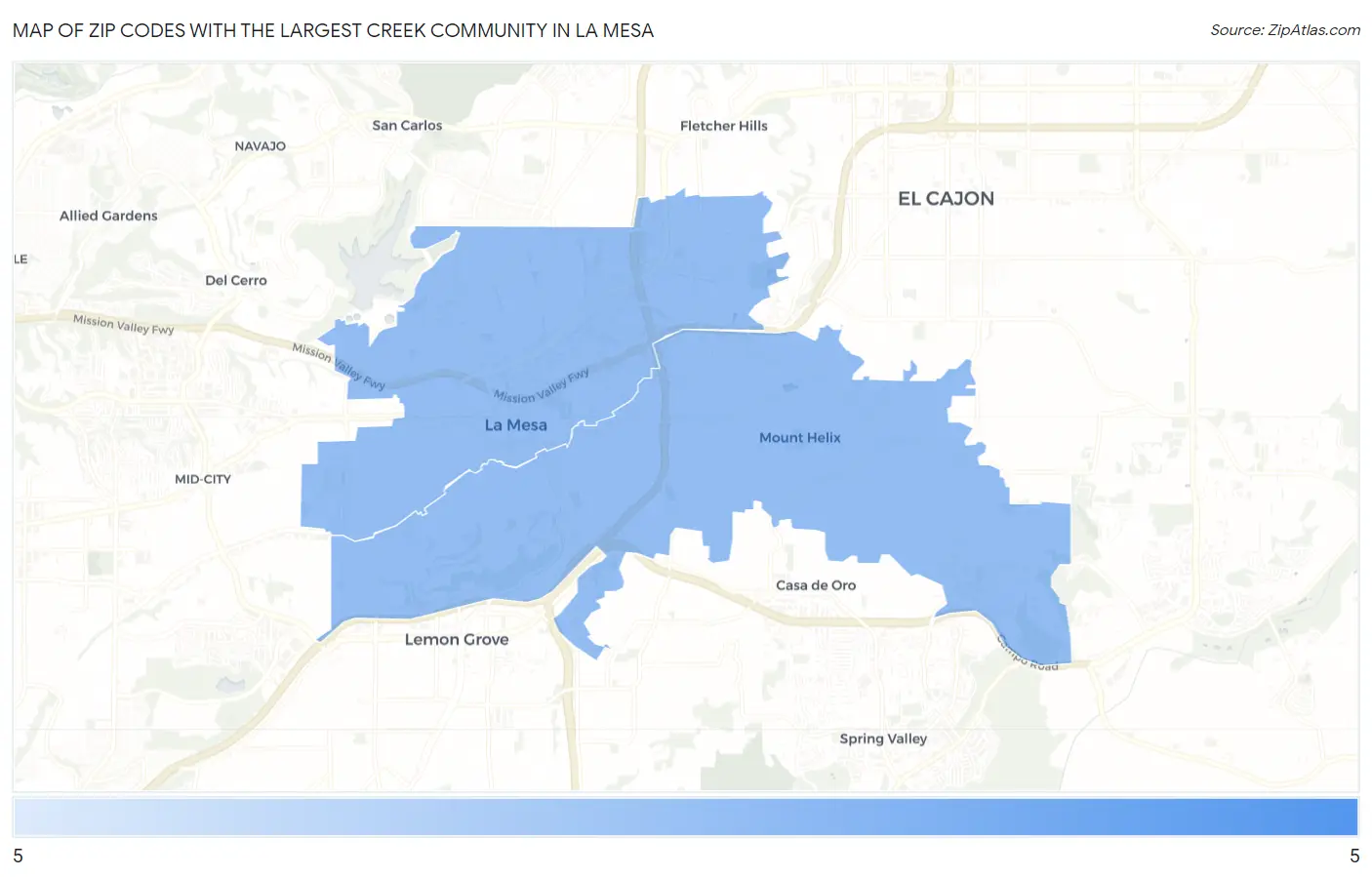 Zip Codes with the Largest Creek Community in La Mesa Map