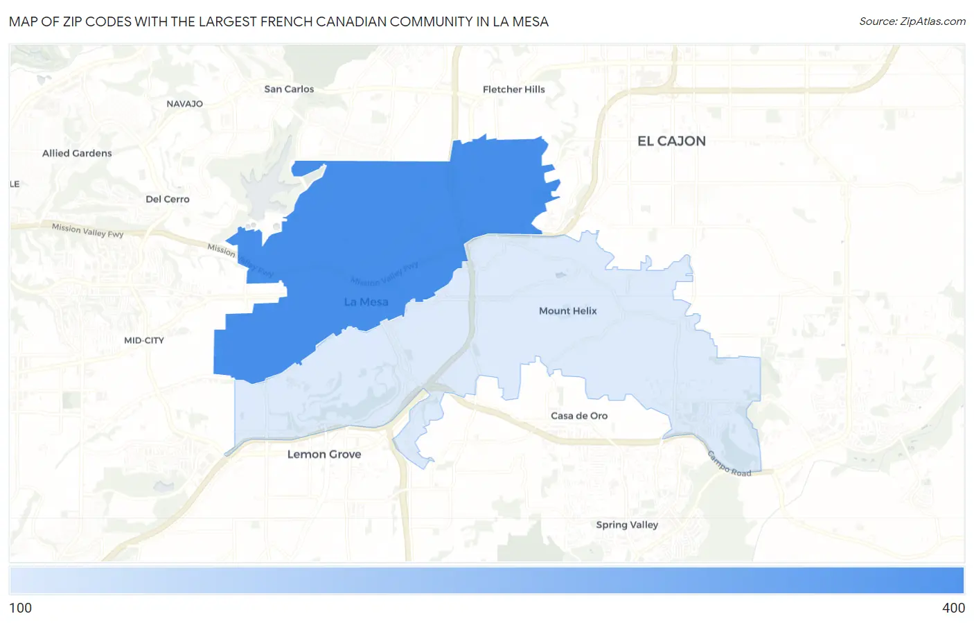Zip Codes with the Largest French Canadian Community in La Mesa Map