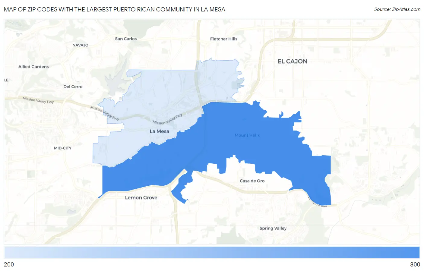 Zip Codes with the Largest Puerto Rican Community in La Mesa Map