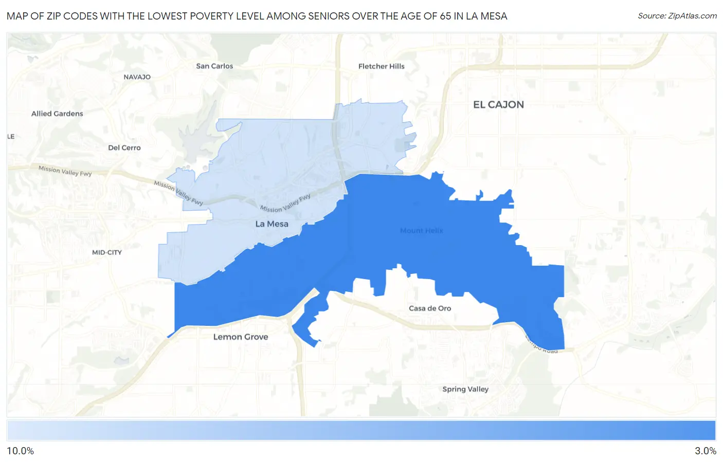 Zip Codes with the Lowest Poverty Level Among Seniors Over the Age of 65 in La Mesa Map