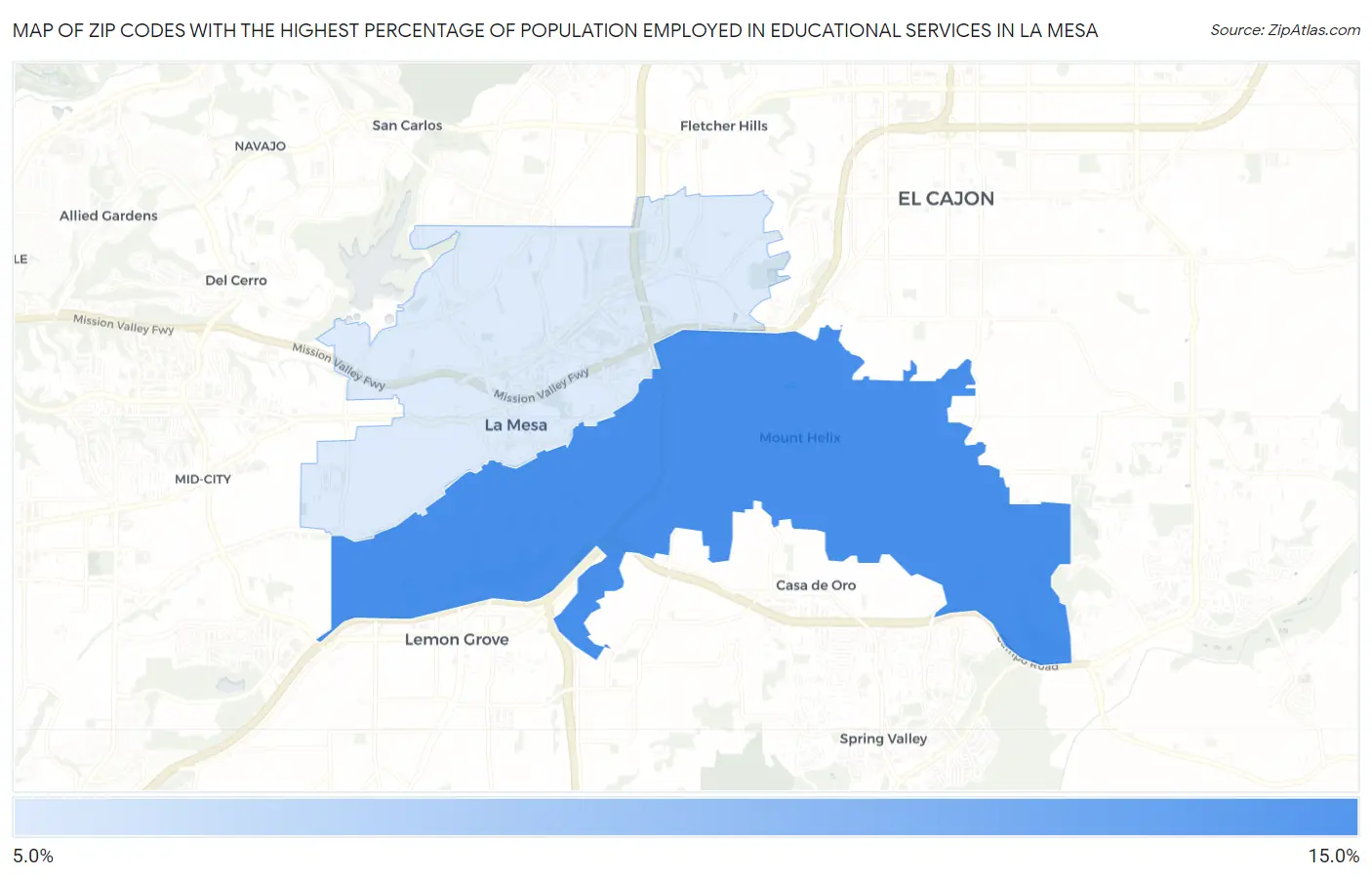 Zip Codes with the Highest Percentage of Population Employed in Educational Services in La Mesa Map