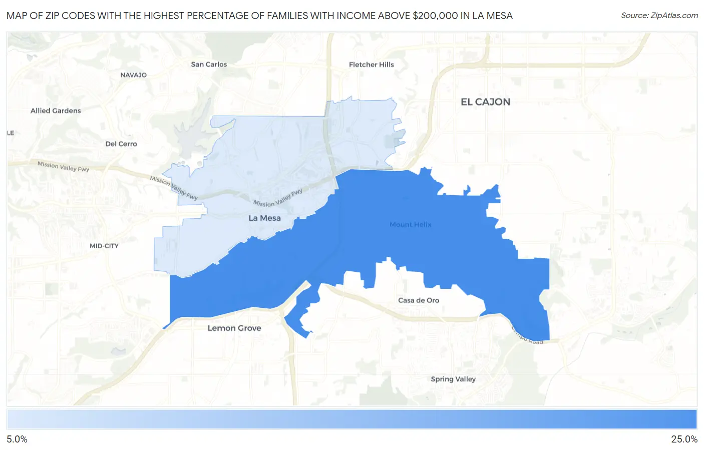 Zip Codes with the Highest Percentage of Families with Income Above $200,000 in La Mesa Map