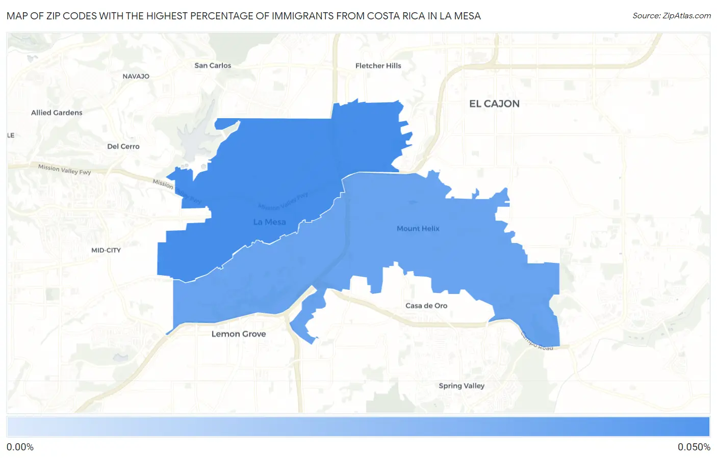 Zip Codes with the Highest Percentage of Immigrants from Costa Rica in La Mesa Map