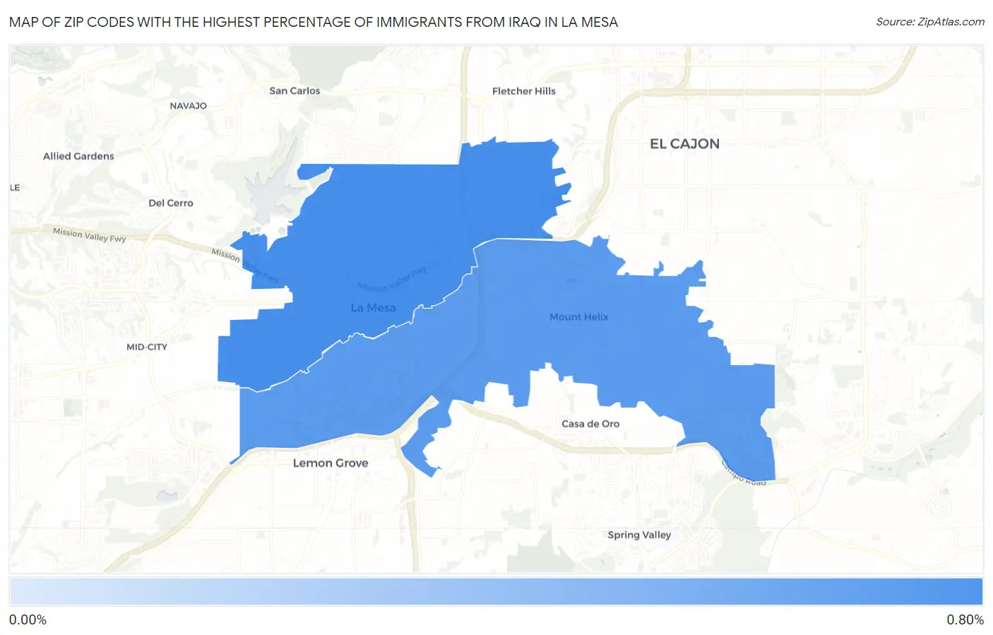 Zip Codes with the Highest Percentage of Immigrants from Iraq in La Mesa Map