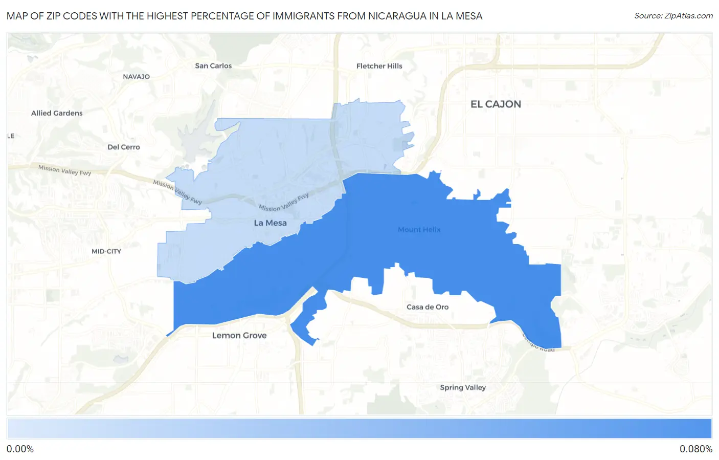 Zip Codes with the Highest Percentage of Immigrants from Nicaragua in La Mesa Map