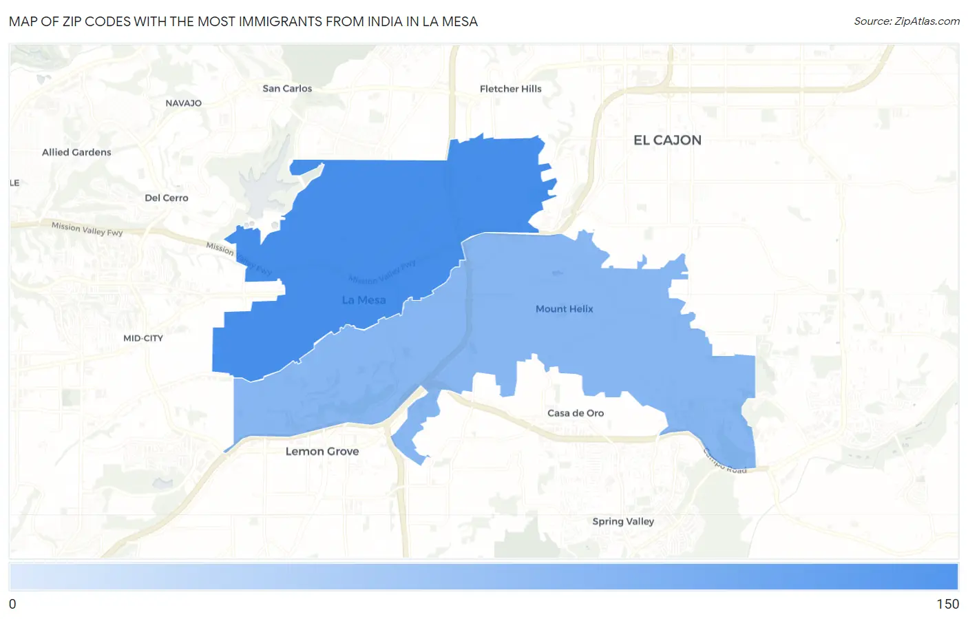 Zip Codes with the Most Immigrants from India in La Mesa Map