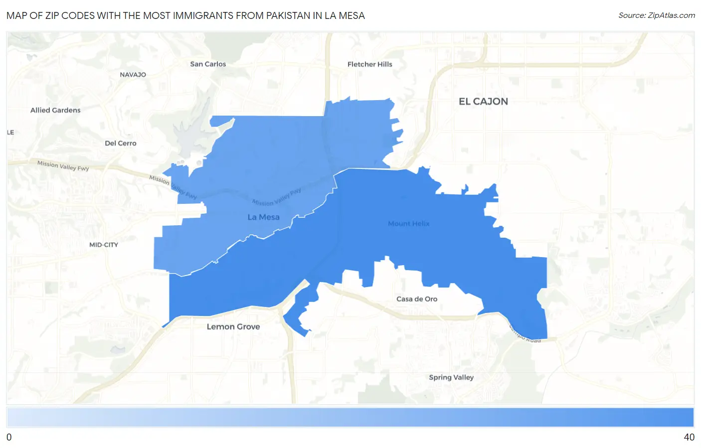 Zip Codes with the Most Immigrants from Pakistan in La Mesa Map